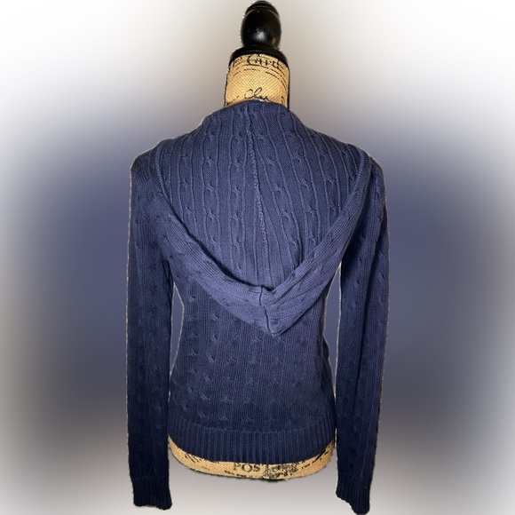 Ralph Lauren Navy Blue Preppy Cable Knit Zip Up Cotton Cardigan Hoodie Sweater M - Picture 3 of 8